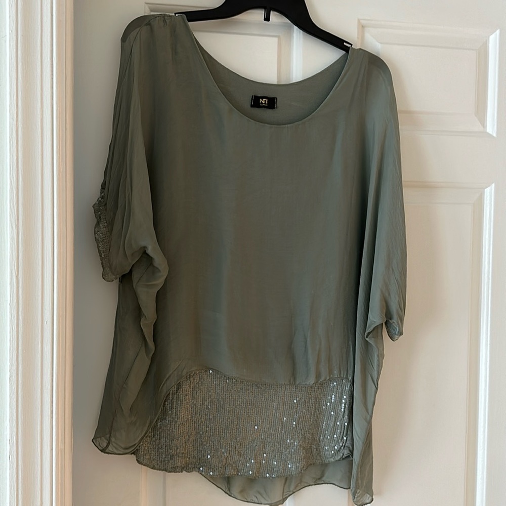 Made in Italy . Sage green with Sequins on front and edge of sleeves